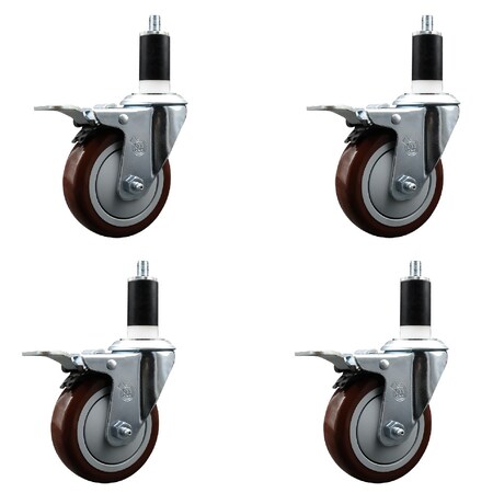 Service Caster 4'' SS Maroon Poly Swivel 1-3/4'' Expanding Stem Caster Set Total Lock Brake, 4PK SCC-SSEXTTL20S414-PPUB-MRN-134-4